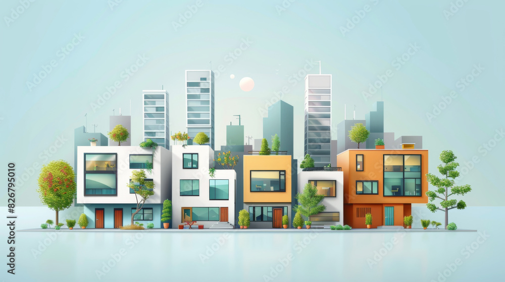 Obraz premium Contemporary residential buildings with a backdrop of a cityscape, showcasing modern architecture and urban living.