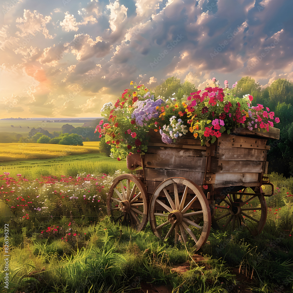 Rustic Wooden Cart with Fresh Flowers in a Picturesque Rural Setting Under Gentle Sunlight