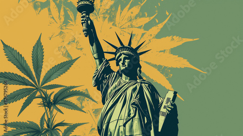 Illustration of the statue of liberty surrounded by marijuana leaves. Background for New York City based cannabis news or advertisement.