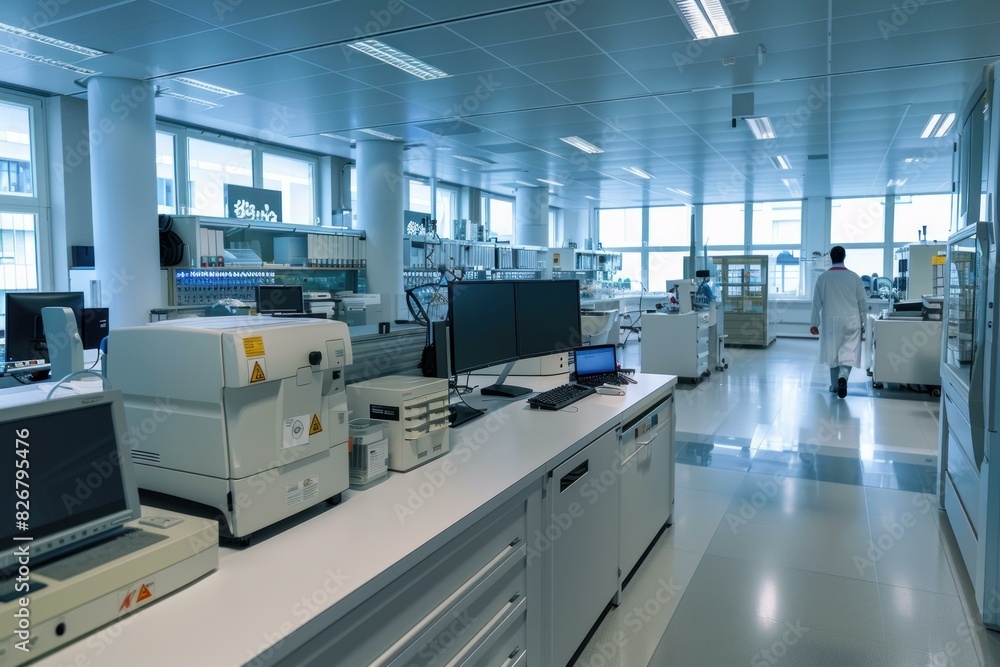 Large, welllit scientific laboratory featuring advanced equipment and researchers at work in the background Large, welllit scientific laboratory featuring advanced equipment and researchers at work in the background