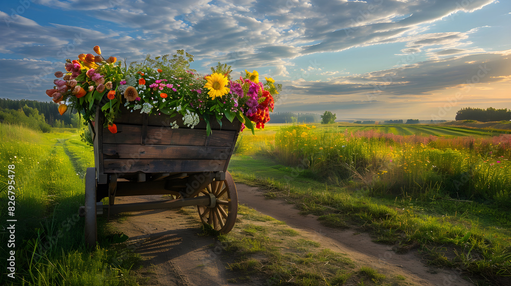 Rustic Wooden Cart with Fresh Flowers in a Picturesque Rural Setting Under Gentle Sunlight