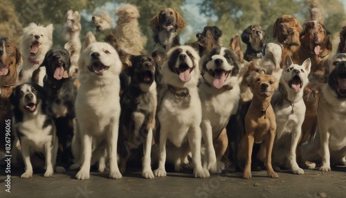 A group of different sizes and types of dogs standing together side by side, with mouths open wide as if they are speaking or expressing excitement.