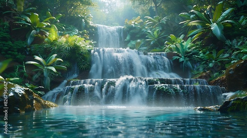 Fresh view of a waterfall in a tropical rainforest
