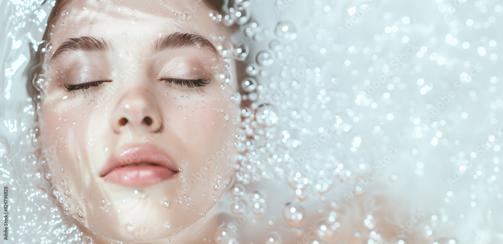 Close-up of a woman's face submerged in clear water with bubbles, emphasizing freshness, purity, and skincare. Concept of facial hydration with hyaluronic acid Close-up of a woman's face submerged in clear water with bubbles, emphasizing freshness, purity, and skincare. Concept of facial hydration with hyaluronic acid