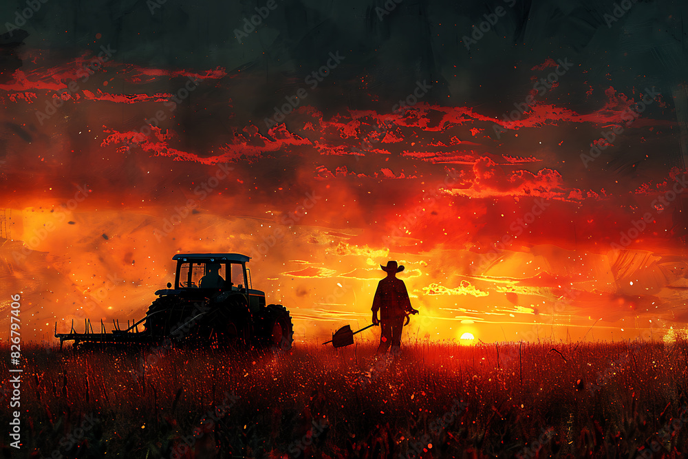 Fototapeta premium Farming at Sunset: Lone Farmer Harvesting Crops