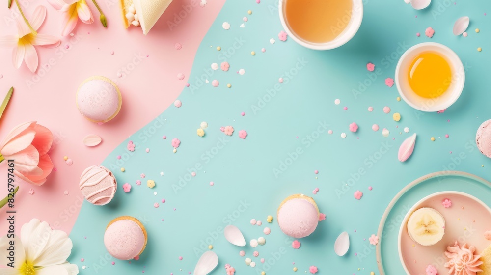 A colorful table with a variety of desserts and drinks, including a cup of tea A colorful table with a variety of desserts and drinks, including a cup of tea