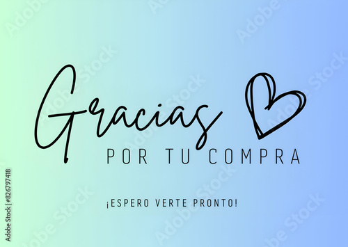 thank you card. Gracias por su compra, tarjeta. Spanish.