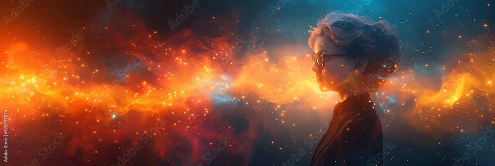 Progressive Non-binary Figure Amidst Abstract Digital Technology with Erupting Multicolor Fiber Optics Progressive Non-binary Figure Amidst Abstract Digital Technology with Erupting Multicolor Fiber Optics