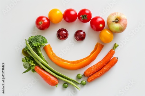 Smiling face made of fruits and vegetables on white background