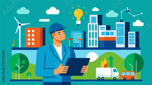 An energy efficiency engineer analyzing the energy consumption of a citys transportation system and developing solutions for improvement.. Vector illustration