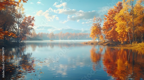 Fresh view of a tranquil lake surrounded by autumn trees