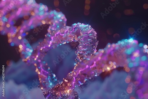 Vibrant crystalline DNA loops intertwined with magical light depict the ethereal nature of genetic engineering.