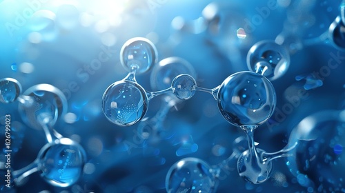 Blue Liquid Serum Molecule Atom Structure. Science Molecular Water DNA Medical Model 