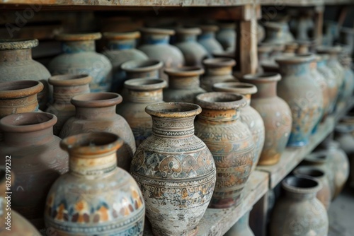 Array of antique ceramic pots and jars with intricate designs displayed on wooden shelves