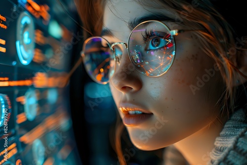 Close-up of a young woman with glasses looking at a digital interface with glowing graphics, symbolizing technology and innovation. Perfect for technology content, digital innovation, and futuristic 