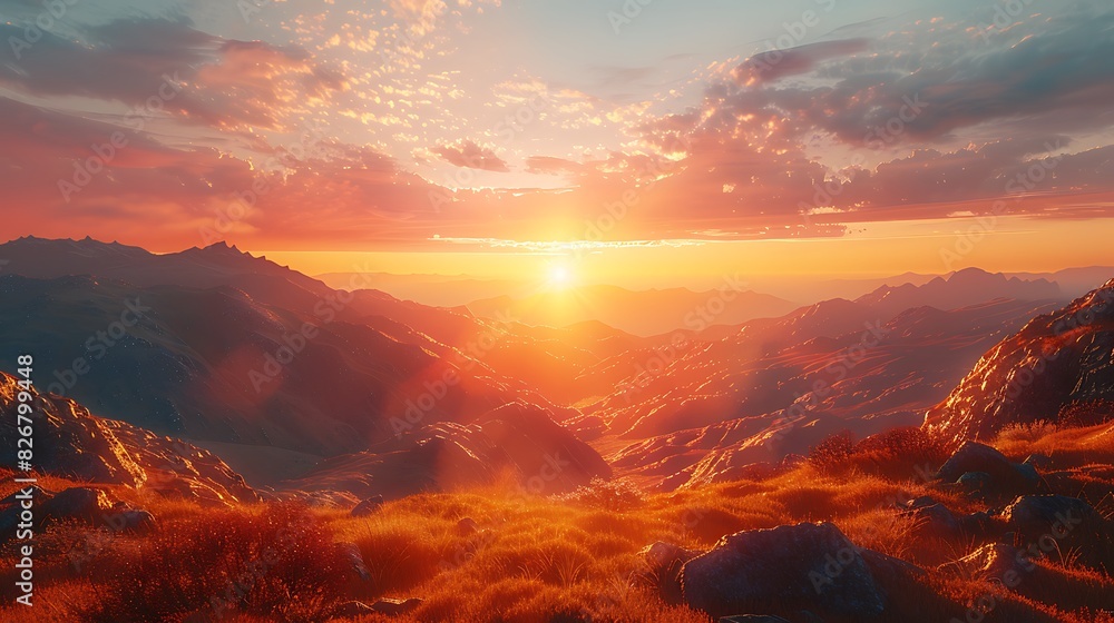 Fresh view of a sunset over a mountainous landscape with a clear sky