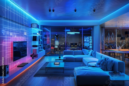 A digital rendering of a smart home interior  with glowing random holographic icons representing various connected devices and appliances
