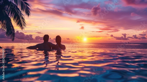 couple enjoying sunset from infinity pool at tropical island resort hotel. romantic beach getaway holiday. banner with copy space