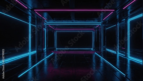 3D abstract blue background and dark empty scene blue neon light on black background