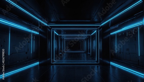 3D abstract blue background and dark empty scene blue neon light on black background © Leon