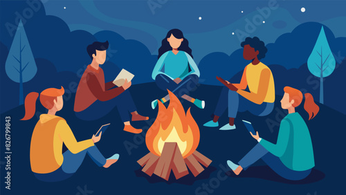 A group of teenagers sitting around a campfire sharing personal testimonies and inspiring each other with their faith stories.. Vector illustration