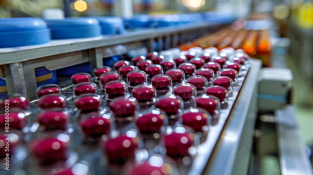 A conveyor belt with many red pills on it