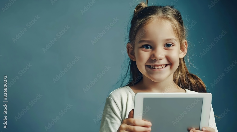 Portrait of cheerful charming girl hold tablet toothy smile empty space isolated on grey color background : Generative AI Portrait of cheerful charming girl hold tablet toothy smile empty space isolated on grey color background : Generative AI