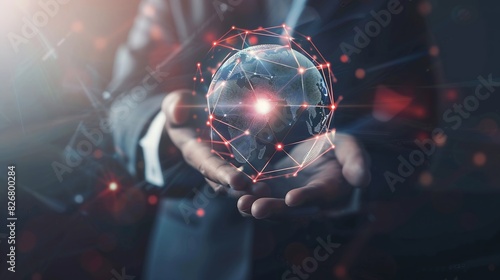 Businessman holding global network connection on social networking and customer data analytics Business strategy and smart intelligence digital marketing Technology and global business : Generative AI photo