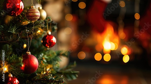 decorated christmas tree on burning fireplace background.