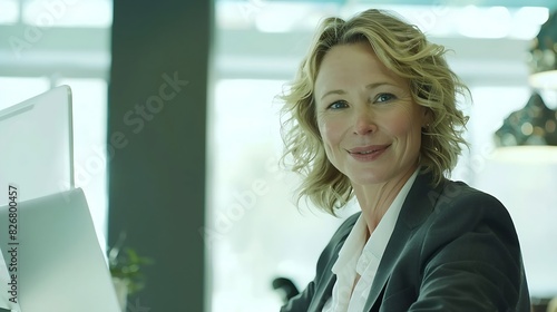 Happy mature business woman entrepreneur in office using laptop at work smiling professional middle aged 40 years old female company executive wearing suit working on computer at workp : Generative AI © AI Lab