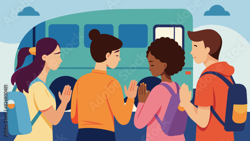 A closeup of a group of teens praying together before boarding the bus asking for safe travels and guidance during the trip.. Vector illustration