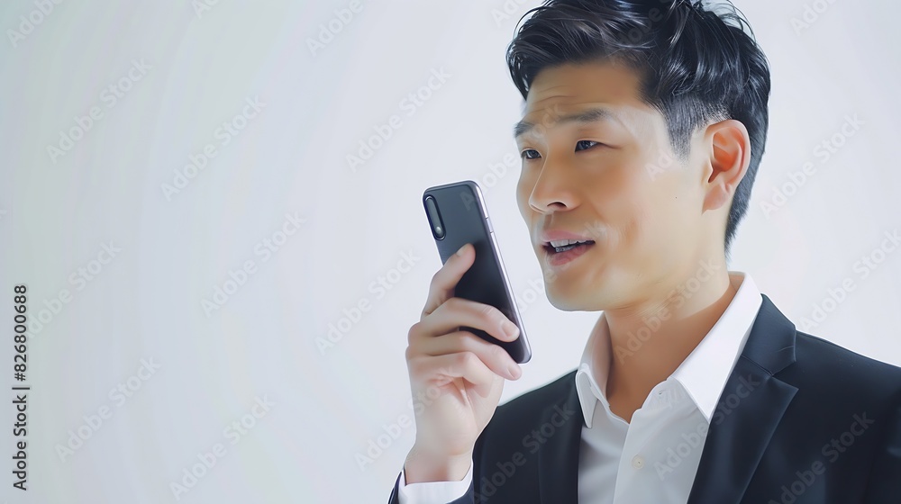 handsome Asian businessman talking mobile phone isolated on studio white background : Generative AI handsome Asian businessman talking mobile phone isolated on studio white background : Generative AI
