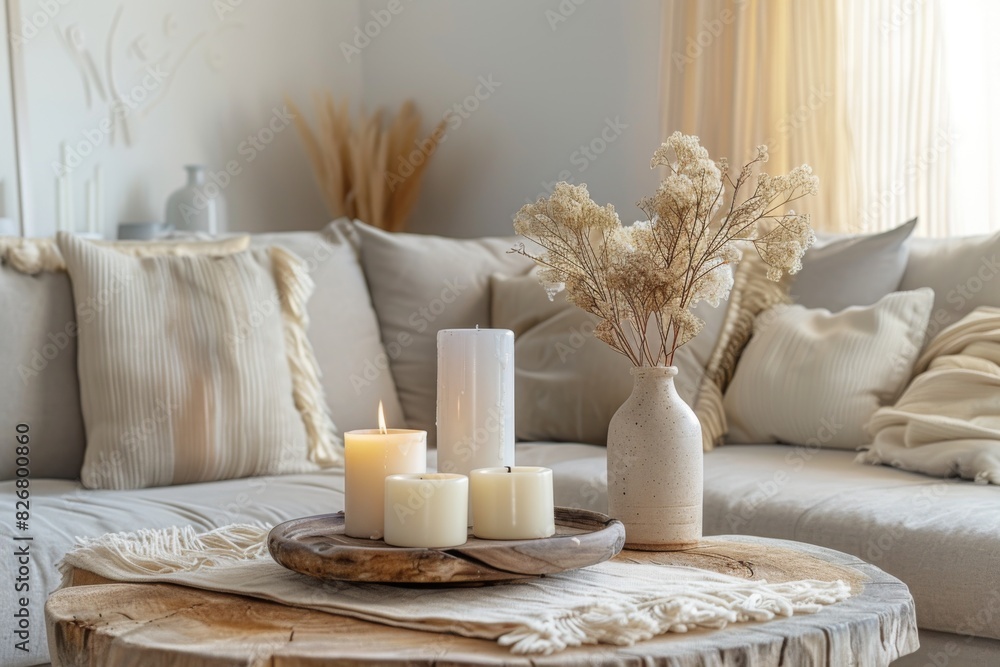 Bright interior with sofa, wooden table, candles, and vase with decorative grasses