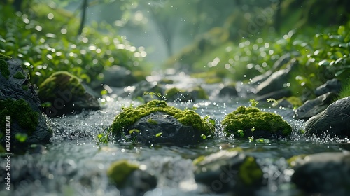 Fresh view of a stream with mossy rocks