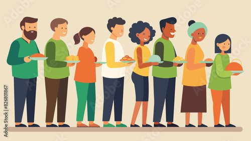 A line of grateful community members patiently waiting to receive their Thanksgiving meal from the kindhearted volunteers.. Vector illustration