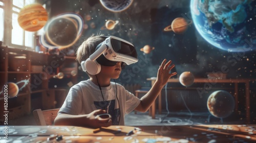 Student Using VR Headset for Learning: Futuristic Classroom Experience in Studying Astronomy and Planetary Science photo