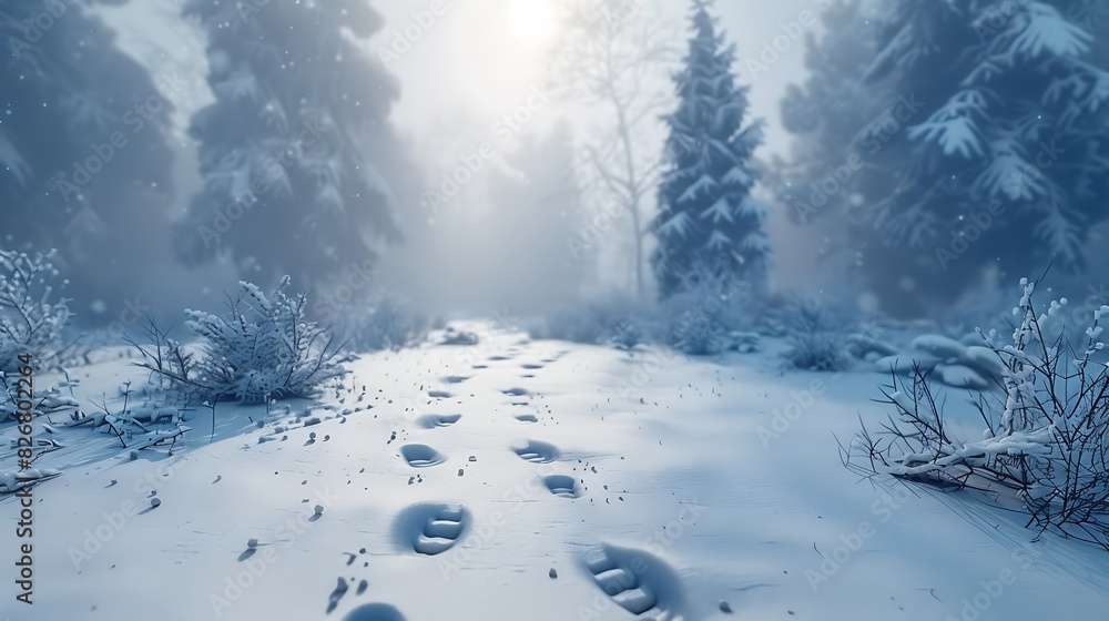 Fresh view of a snowy forest with footprints leading through it