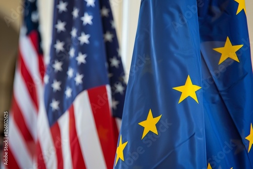 Close-up of the USA and EU flags against each other.