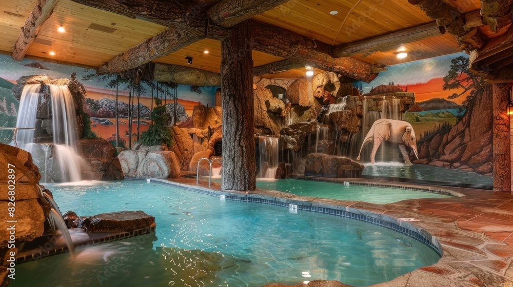 Guests can unwind in the stunning indoor pool complete with cascading waterfalls oversized jacuzzi tubs and beautiful Westerninspired murals.