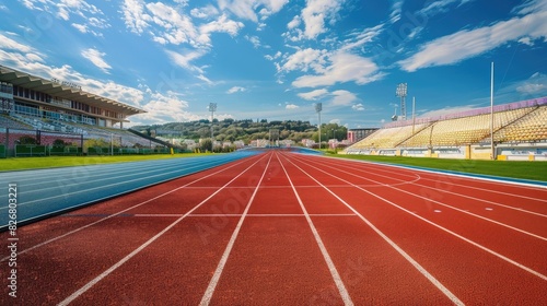 Empty red running track in stadium closeup