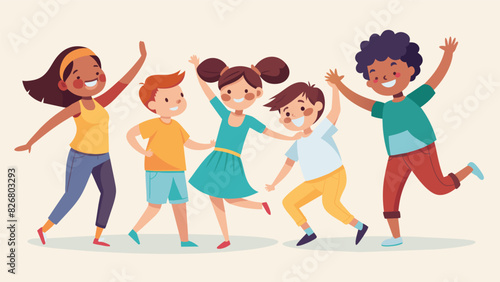 Young children giggling and twirling around happily engaging in a lively dance class that promotes selfexpression and boosts their confidence.. Vector illustration