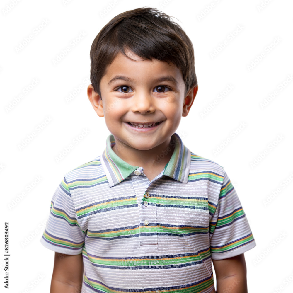 A young boy stands smiling, wearing a striped shirt with a transparent background A young boy stands smiling, wearing a striped shirt with a transparent background