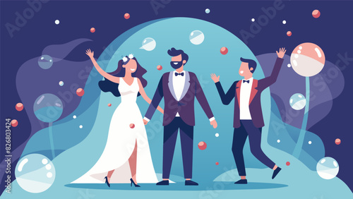 As the newlyweds made their grand exit they were showered with bubbles creating a whimsical and magical atmosphere of love and happiness.. Vector illustration