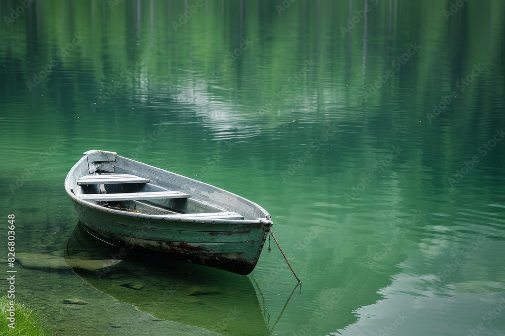 Boat in a quiet cove of a green lake Boat in a quiet cove of a green lake