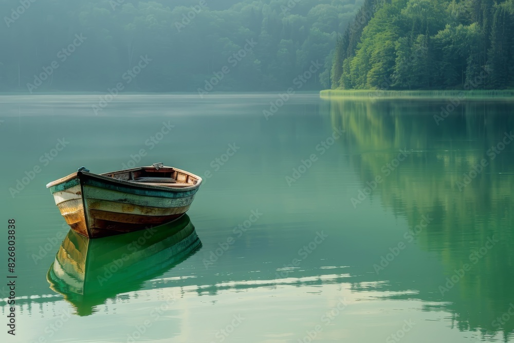 Boat on calm lake water with green trees in mist Boat on calm lake water with green trees in mist