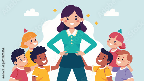 A young girl confidently leading her peers through a teambuilding activity encouraging them to work together and think creatively.. Vector illustration