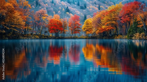 Tranquil lake surrounded by trees adorned with fiery autumn foliage  with the reflection of the vibrant colors on the calm water  creating a stunning mirror effect