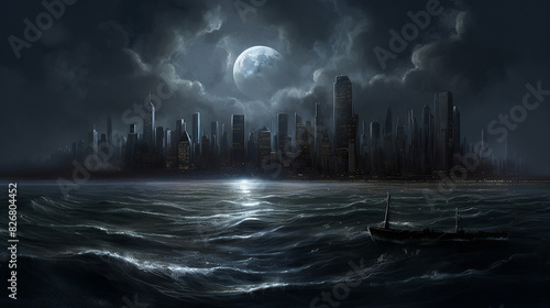 The grandest moon looming over a metropolis rising from the edge of a turbulent ocean  waves crashing against towering skyscrapers  city lights twinkling amidst the darkness  a storm brewing in the di