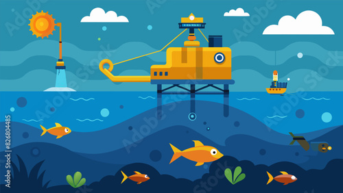 The underwater world is transformed by the presence of the submersible pump its mechanical arms churning up the ocean floor as it s out valuable oil. Vector illustration