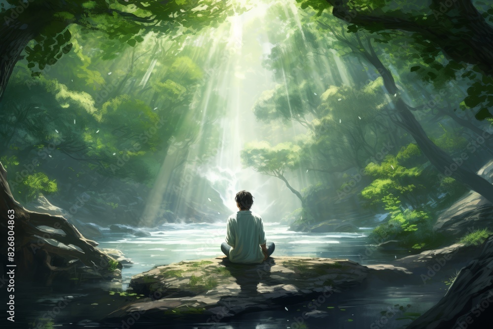 Anime person meditating by a clear river, surrounded by greenery, sunlight filtering through trees, serene expression, close-up Anime person meditating by a clear river, surrounded by greenery, sunlight filtering through trees, serene expression, close-up
